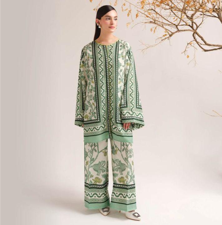 2 Pcs Women's Stitched Swiss Lawn Printed Shirt And Trouser