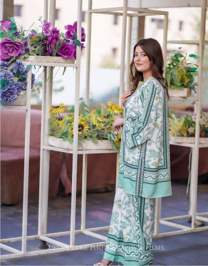 2 Pcs Women's Stitched Swiss Lawn Printed Shirt And Trouser