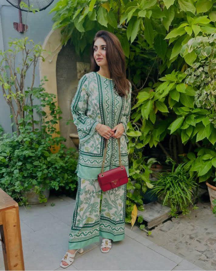 2 Pcs Women's Stitched Swiss Lawn Printed Shirt And Trouser