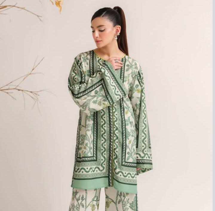 2 Pcs Women's Stitched Swiss Lawn Printed Shirt And Trouser